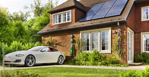 Beautiful house with solar panels and electric car