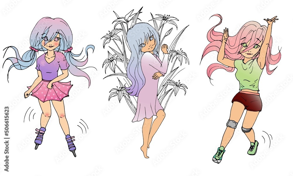 © Deell - vector set with cute cartoon anime girls, sticker pack. Set of illustration © Deell - vector set with cute cartoon anime girls, sticker pack. Set of illustration