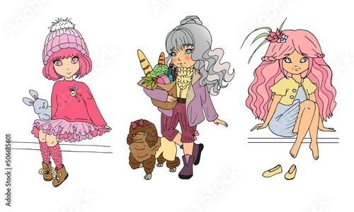 vector set with cute cartoon anime girls, sticker pack. Set of illustration