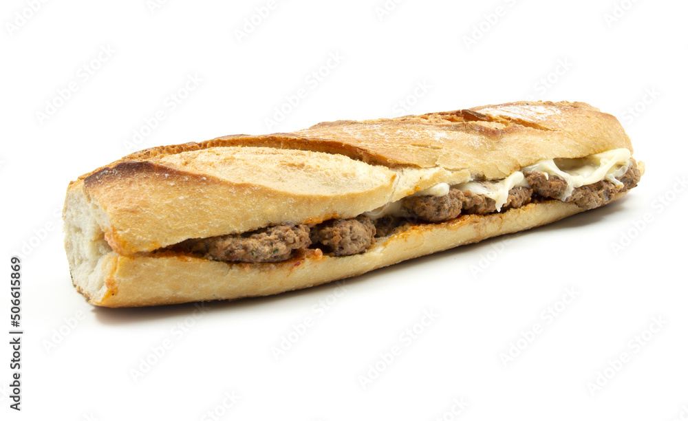 Beef steak and crusty baguette sandwich isolated on a white background Beef steak and crusty baguette sandwich isolated on a white background