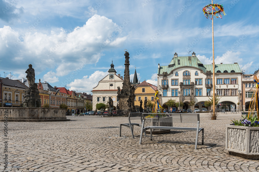 Old baroque square in Dvur Kralove nad Labem, Czechia in sunny day