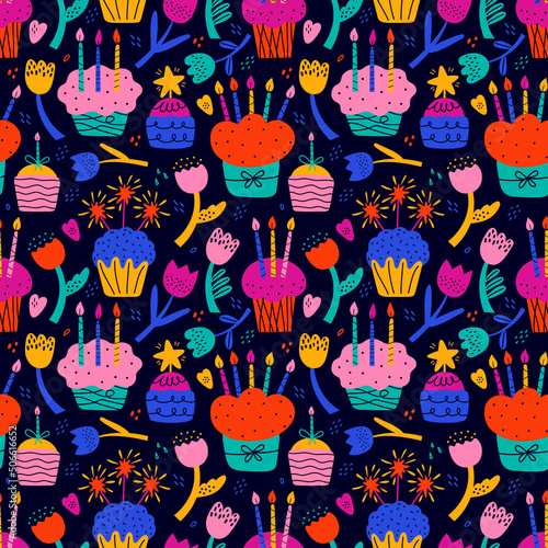 Happy birthday abstract seamless pattern. Colorful shapes and elements on black background. Doodle icons. Bday cake, flowers, heart, star, dots. Hand drawn modern vector illustration in pop art style.