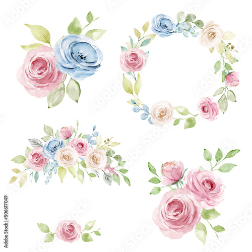 Floral set watercolor flowers hand painting, vintage bouquets with pink and blue roses. Decoration for poster, greeting card, birthday, wedding design. Isolated on white background.