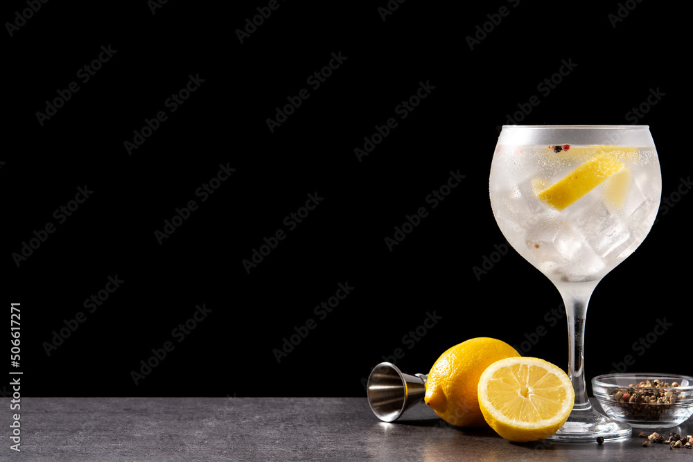 Gin tonic cocktail drink into a glass on black background. Copy space - obrazy, fototapety, plakaty 