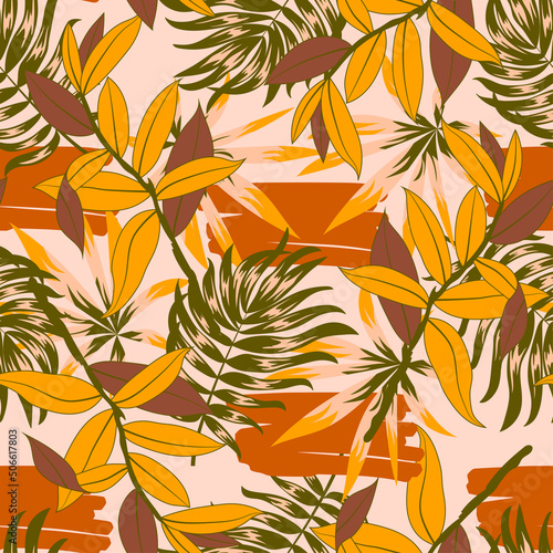 Abstract tropical seamless pattern with bright plants and leaves on a pink background. Beautiful seamless vector floral pattern. Hawaiian style.