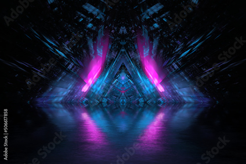 Abstract futuristic background bright neon color. Glowing elements of the building and background, digital future, fantasy. Digital technologies in design. 3d render © angel_nt
