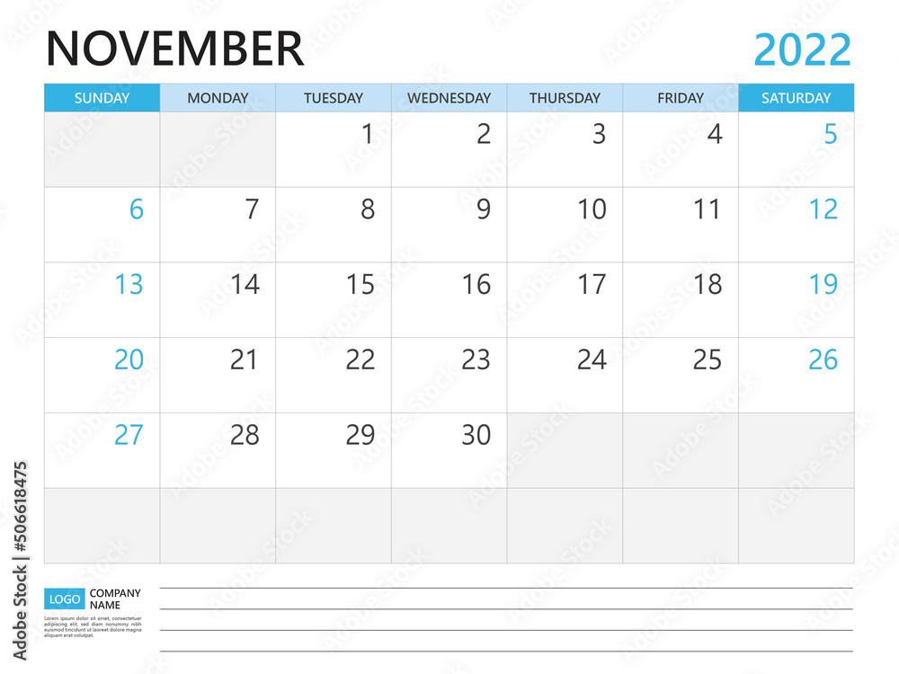 Calendar planner 2022 template, November 2022 year, week start on Sunday, Desk calendar 2022 design, simple and clean design, Wall calendar, Corporate design planner template vector Calendar planner 2022 template, November 2022 year, week start on Sunday, Desk calendar 2022 design, simple and clean design, Wall calendar, Corporate design planner template vector
