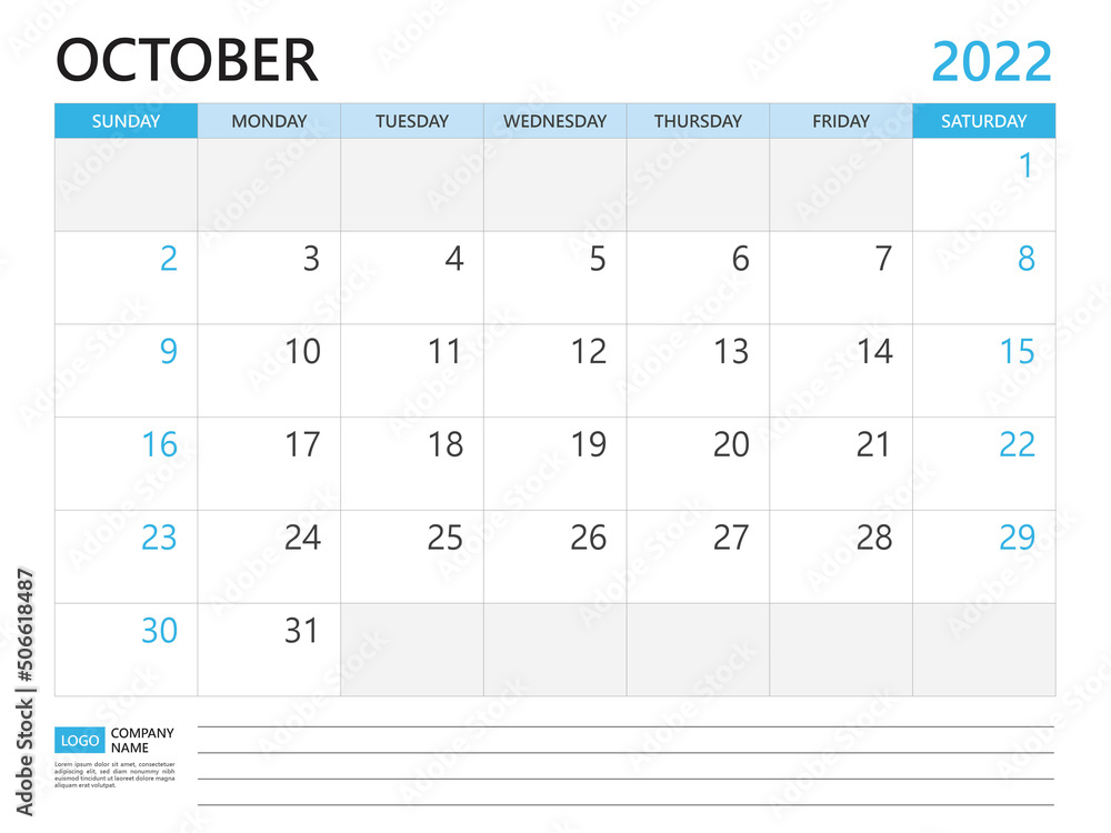 Calendar planner 2022 template, October 2022 year, week start on Sunday, Desk calendar 2022 design, simple and clean design, Wall calendar, Corporate design planner template vector Calendar planner 2022 template, October 2022 year, week start on Sunday, Desk calendar 2022 design, simple and clean design, Wall calendar, Corporate design planner template vector