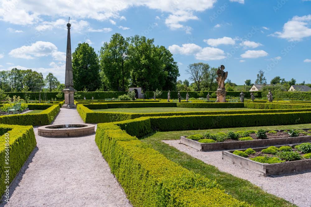 Chateau gardens with stone statues in Kuks, Czechia