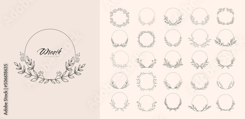 Set of floral decoration wreath and round labels. Branch and minimalist flowers. Hand drawn line wedding herb, elegant leaves for invitation save the date card. Botanical rustic trendy