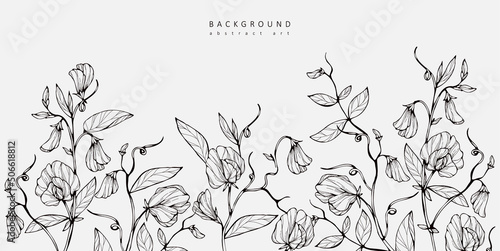 Luxury botanical background with trendy greenery and pea flowers. Vintage foliage for wedding invitation, wall art or card template. Minimal line art drawing. Vector
