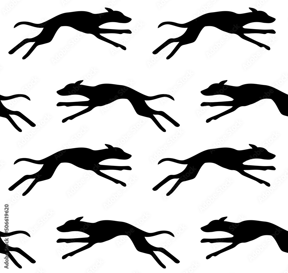 Obraz premium Vector seamless pattern of hand drawn running whippet dog silhouette isolated on white background