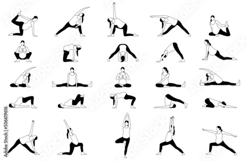 Big set of yoga poses for pregnant woman in flat vector out line black and white style
