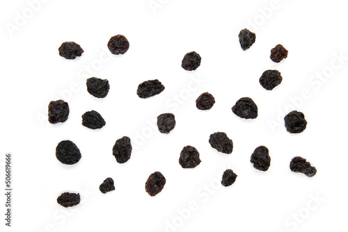op view of Dried raisins isolated on white background
