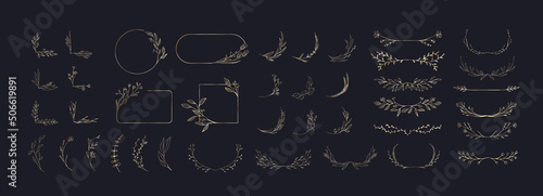 Set of elegant floral logo elements. Borders and dividers, frame corners and branch. Boho Hand drawn line wedding herb, leaves for invitation save the date card. Botanical rustic trendy greenery