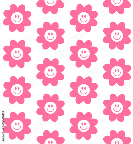 Vector seamless pattern of flat pink flower with face isolated on white background