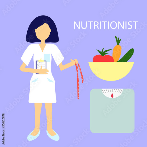 Vector illustration of a female doctor nutritionist, illustration in very peri color. Healthy lifestyle plan.