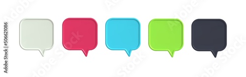 3d colorful speech bubble. Social media icons. Balloon message for chat, dialog, talk. Chatting box, speak bubble text, talking cloud. Vector realistic illustration photo