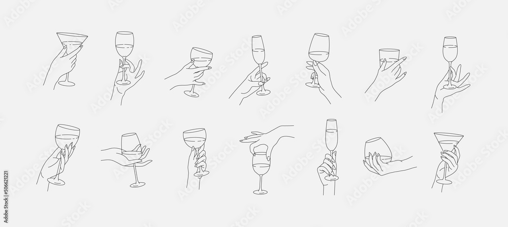 Collection of different woman hands gestures hold wineglass or drink cocktails. Minimal linear trendy style. Line icons or symbol of female hand for logo in restaurant or bar. Vector - obrazy, fototapety, plakaty 
