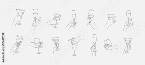 Fotografija Collection of different woman hands gestures hold wineglass or drink cocktails