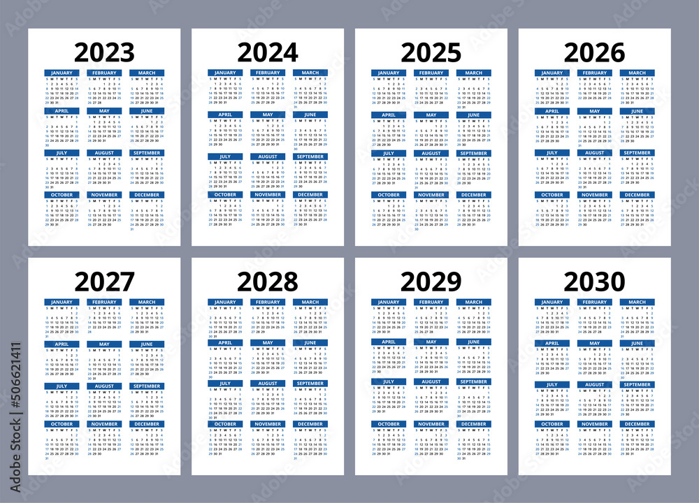 Calendar Set From 2023 To 2030 Year Color Vector Pocket Calender 