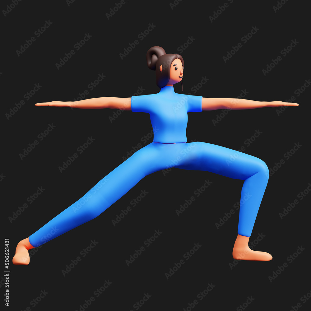 3D Young Lady Practicing Virabhadrasana Against Black Background.