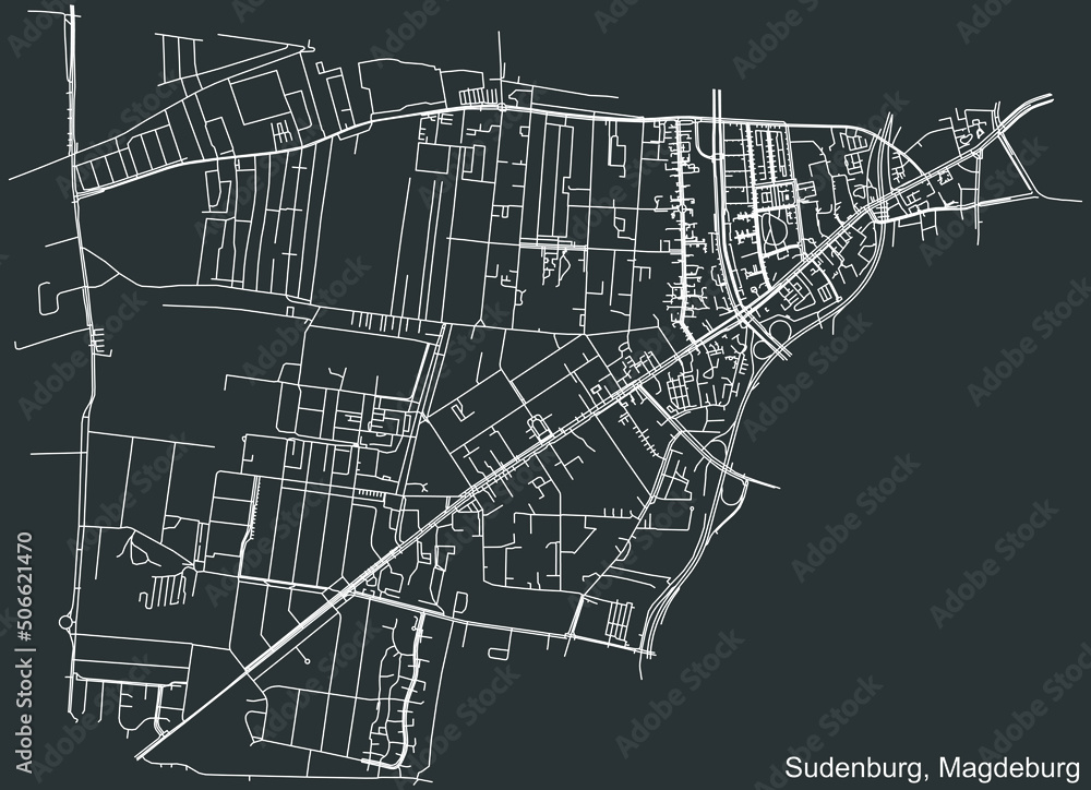 Detailed negative navigation white lines urban street roads map of the SUDENBURG DISTRICT of the German regional capital city of Magdeburg, Germany on dark gray background