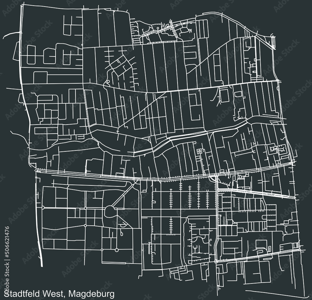 Detailed negative navigation white lines urban street roads map of the STADTFELD WEST DISTRICT of the German regional capital city of Magdeburg, Germany on dark gray background
