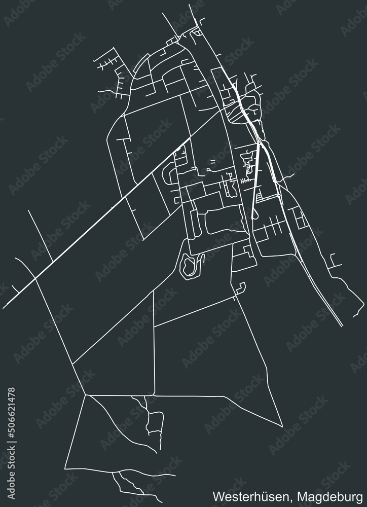 Detailed negative navigation white lines urban street roads map of the WESTERHÜSEN DISTRICT of the German regional capital city of Magdeburg, Germany on dark gray background