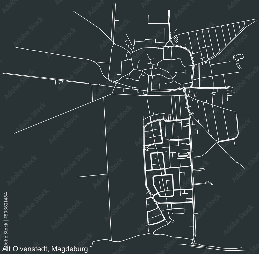 Detailed negative navigation white lines urban street roads map of the ALT OLVENSTEDT DISTRICT of the German regional capital city of Magdeburg, Germany on dark gray background