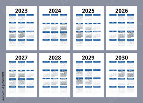 Calendar set from 2023 to 2030 year. Color vector pocket calender design. Week starts on Sunday. January, February, March, April, May, June, July, August, September, October, November, December