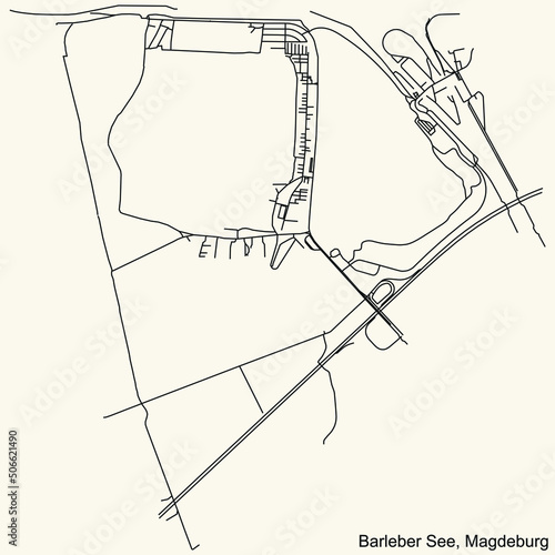 Detailed navigation black lines urban street roads map of the BARLEBER SEE DISTRICT of the German regional capital city of Magdeburg, Germany on vintage beige background