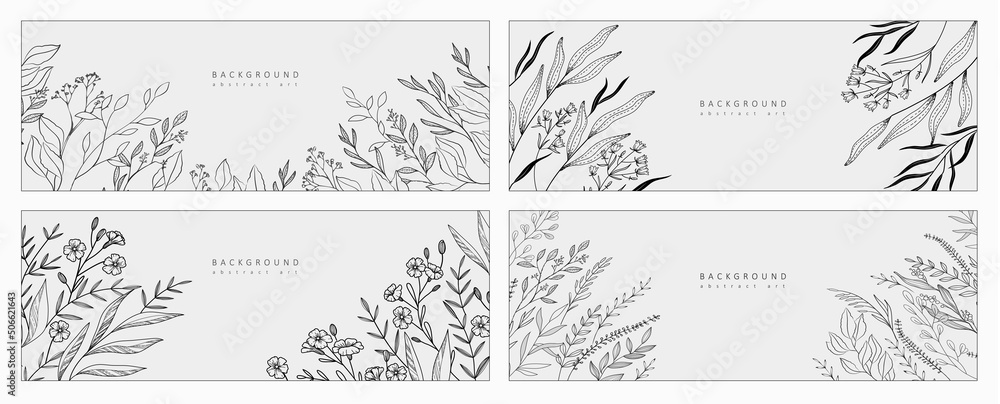Set of botanical bakground, floral branch and leaves. Vintage foliage for wedding invitation, wall art or card template. Minimal line art drawing. Vector - obrazy, fototapety, plakaty 