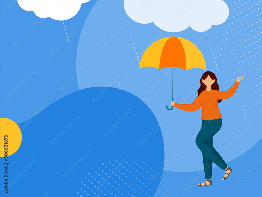 Faceless Teenager Girl Holding Umbrella On Rainy Clouds Blue Background.