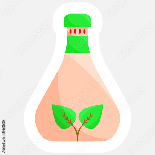 Sticker Illustration of Leaf Inside Flask In Flat Design.