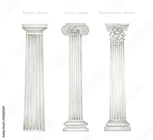 Watercolor antique column corinthian ionic doric order, Ancient Classic Greek pillar set, Roman Columns, Architecture facade elements Realistic drawing illustration isolated on white background
