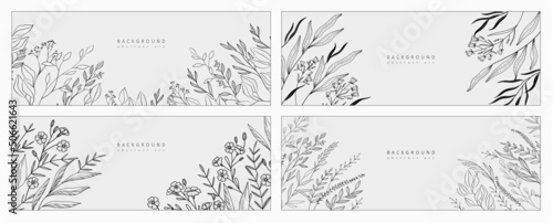 Set of botanical bakground, floral branch and leaves. Vintage foliage for wedding invitation, wall art or card template. Minimal line art drawing. Vector