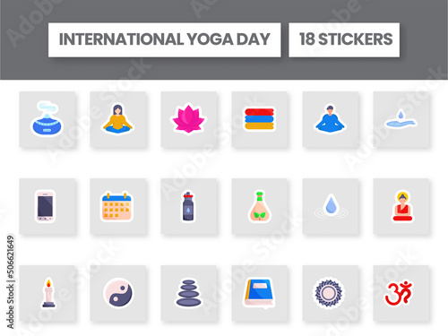 Colorful Sticker Of International Yoga Day 18 Icon Set In Flat Style.