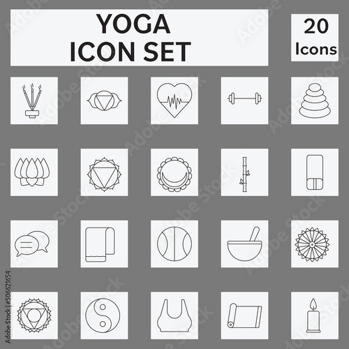 Illustration Of Yoga Day 20 Icon Set In Thin Line Art.