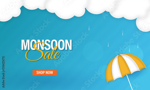 Monsoon Sale Banner Design With Umbrella And Rainy Clouds On Blue Background.