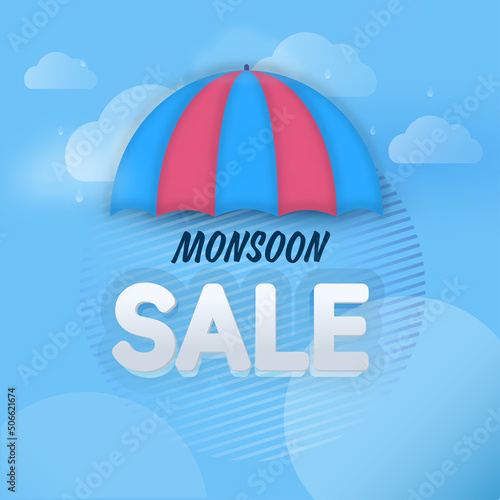 Monsoon Sale Poster Design With Umbrella On Blue Clouds Background.