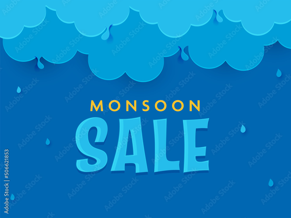 Monsoon Sale Poster Design With Paper Clouds And Water Drops On Blue Background. Monsoon Sale Poster Design With Paper Clouds And Water Drops On Blue Background.