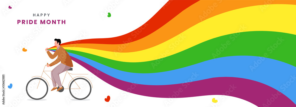 Happy Pride Month Celebration Banner Design With Cartoon Man Riding Bicycle And Holded Rainbow Flag On White Background. - obrazy, fototapety, plakaty 