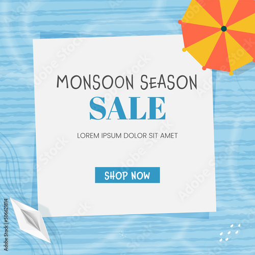 Monsoon Sale Poster Design With Top View Umbrella, Paper Boat On White And Blue Water Background.