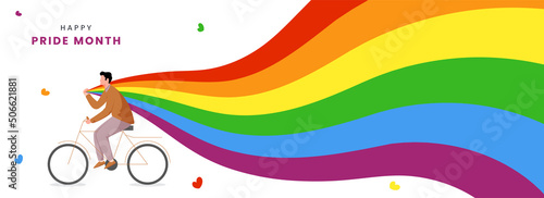 Happy Pride Month Celebration Banner Design With Cartoon Man Riding Bicycle And Holded Rainbow Flag On White Background.