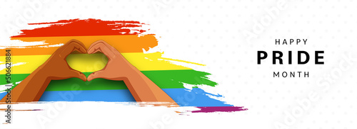 Happy Pride Month Banner Or Header Design With Gay Couple Forming A Heart Shape And Rainbow Brush Stroke Effect On White Dotted Background.