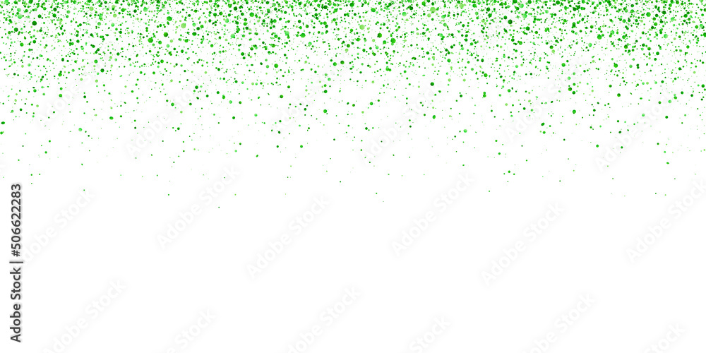 Wide green glitter holiday falling confetti on white background. Vector