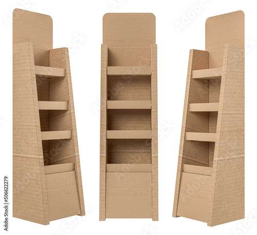 3D rendering - High resolution image pos floor display  box template isolated on white background, high quality details of cardboard