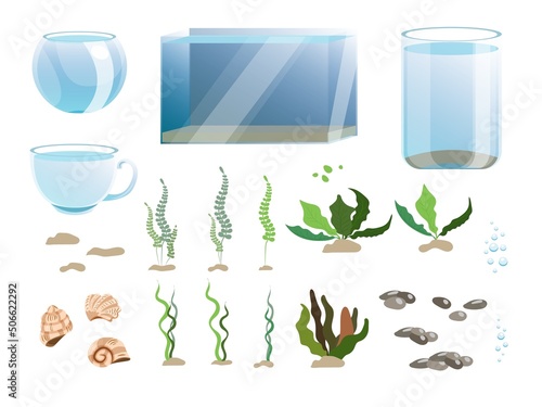 Vector set of different aquariums, underwater plants, stones, sand piles and seashells. All objects are isolated