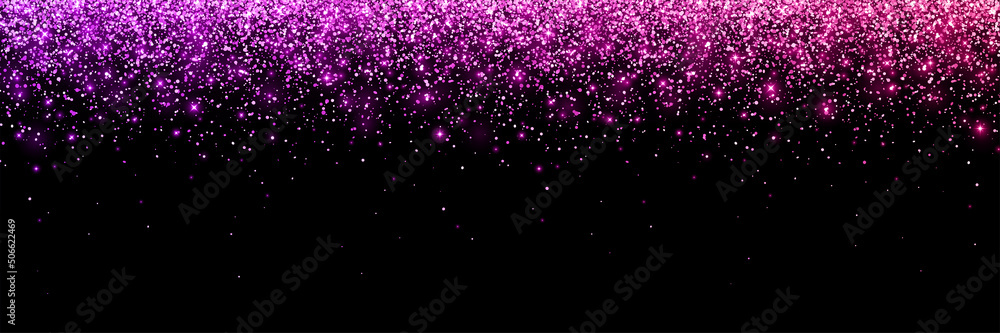 Wide pink violet falling glitter particles on black background. Vector